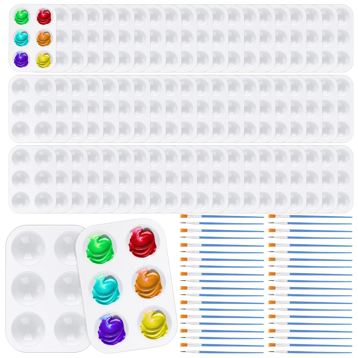 Juego de 100 pinceles de pintura de nailon, 50 paletas de bandeja de pintura, paletas de plástico, pinceles de pelo de nailon para acrílico, aceite, acuarela, estudiantes, fiesta de pintura