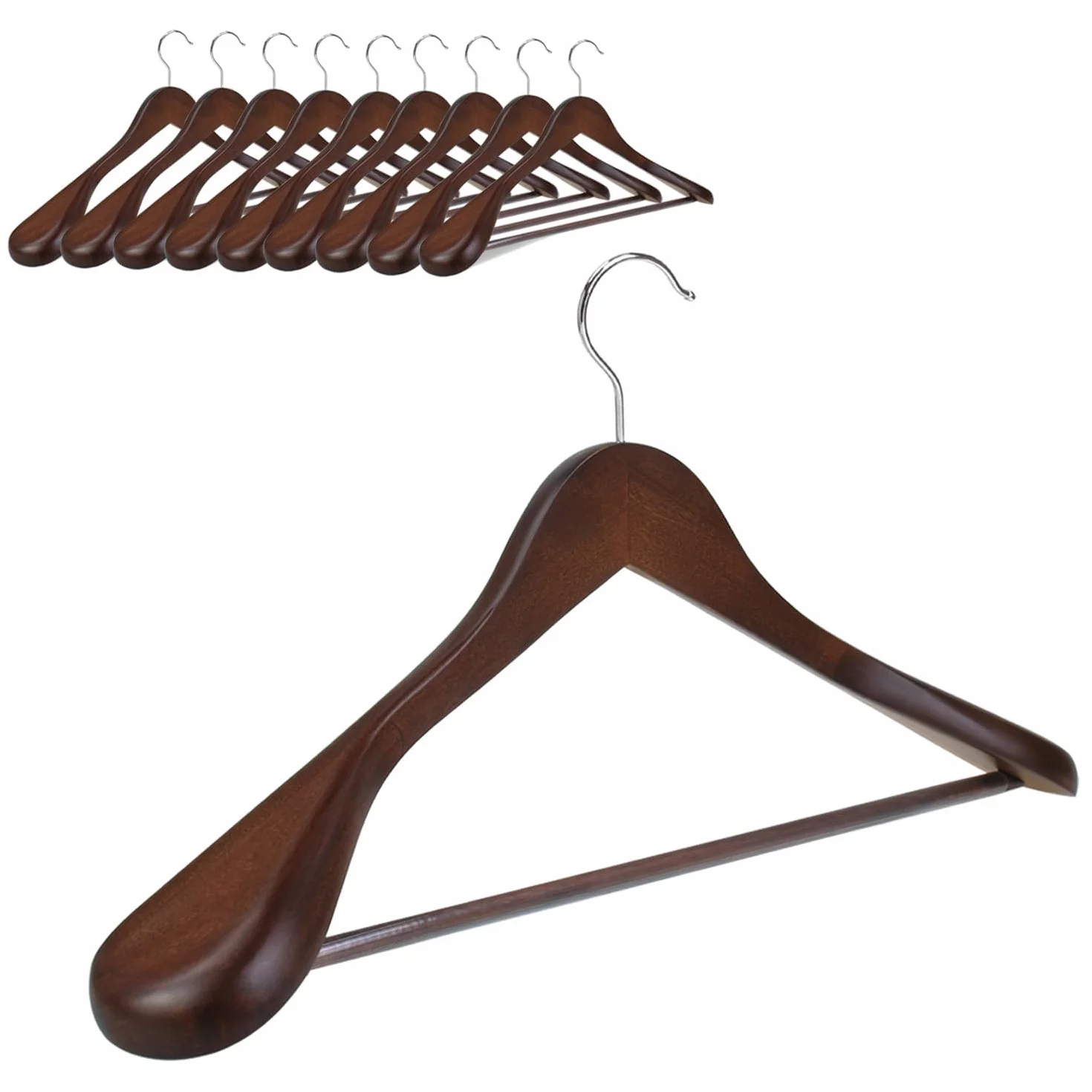 Hangerman 10pcs Perchas de Madera Perchas con Barra de Pantalones Antideslizante Naturaleza Perchas para Abrigos,Trajes(10pcs Perchas con Hombros Extra Anchos) ，Nogal