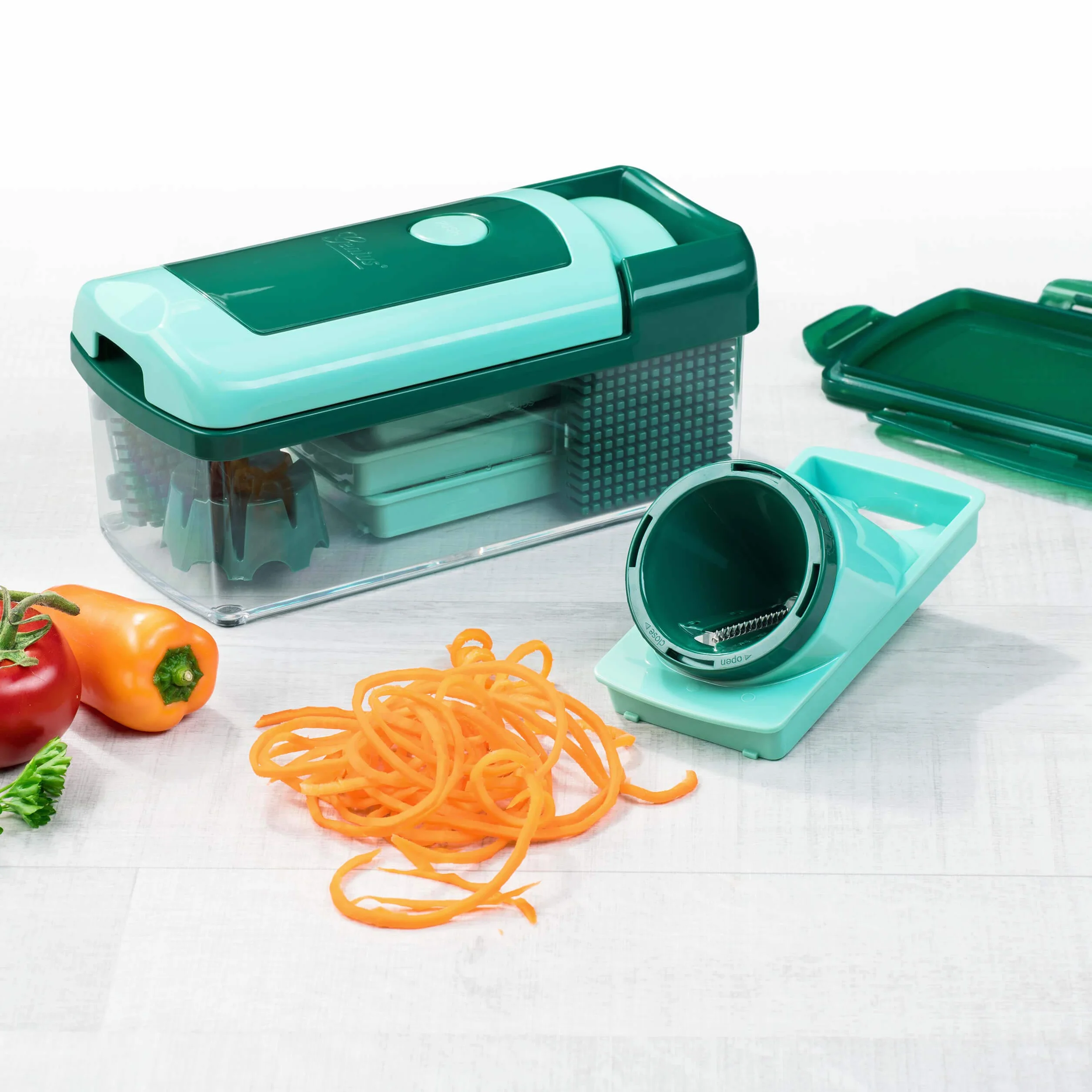 Genius Nicer Dicer Fusion Smart Set 28 piezas + Twist – Cortador de frutas y verduras, cortador de cebolla, cortador de tomates manual