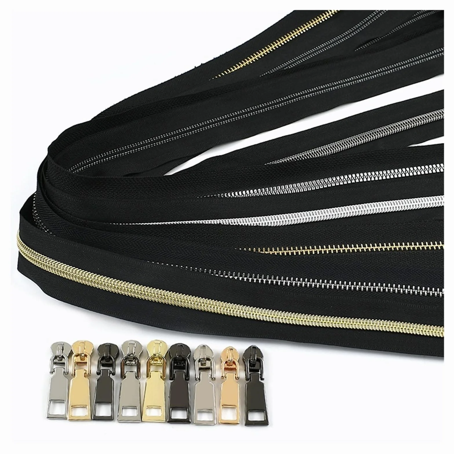 Cremalleras de Metal/Nylon/resina por metro, 2-10M, 5#, bolsa deslizante con cremallera a juego, cremalleras for ropa, accesorios costura fácil reparación(KY377G6-3GunBlack,10Meters10PcsSlider)