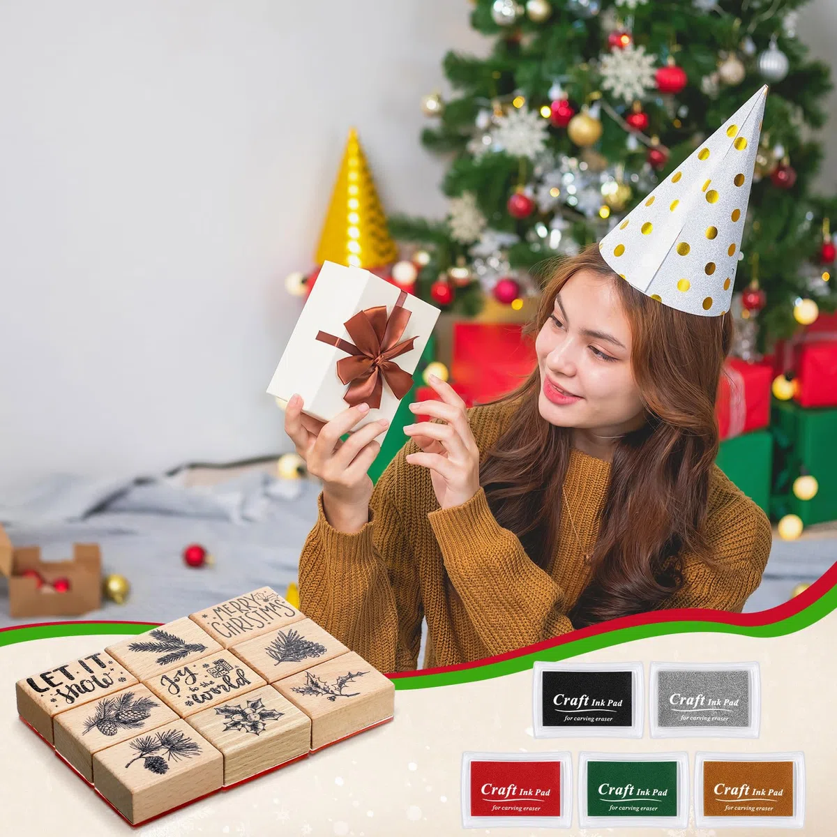 Watersay Juego de 14 sellos de goma de Navidad y almohadillas de tinta para manualidades, 9 sellos de goma de Navidad de madera, 5 almohadillas de tinta para manualidades, tarjetas de bricolaje y