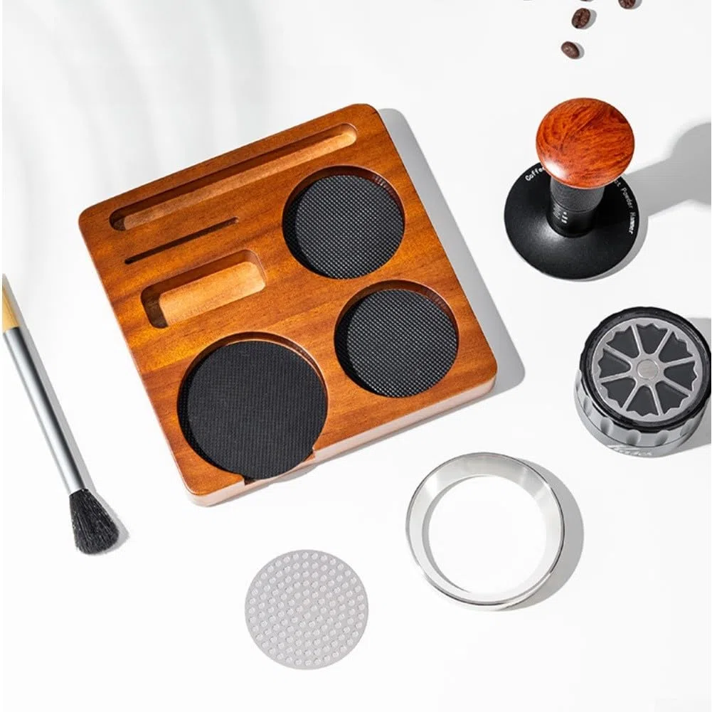 Kit de 6 accesorios para máquina de espresso, juego de accesorios de café espresso que incluye estación de apisonamiento de madera, distribuidor, cepillo de embudo dosificador para accesorios de café