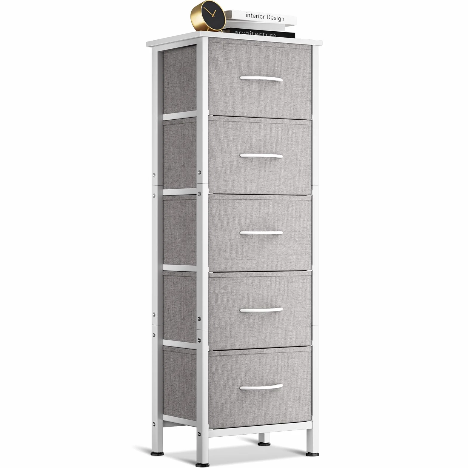 Coleshome Comoda Dormitorio, Comoda Estrecha y Alta con 5 Cajones de Tela, Estructura de Acero Resistente y Tablero de Madera, Ideal para Dormitorio y Salón, 40 x 30 x 120 cm, Gris Claro