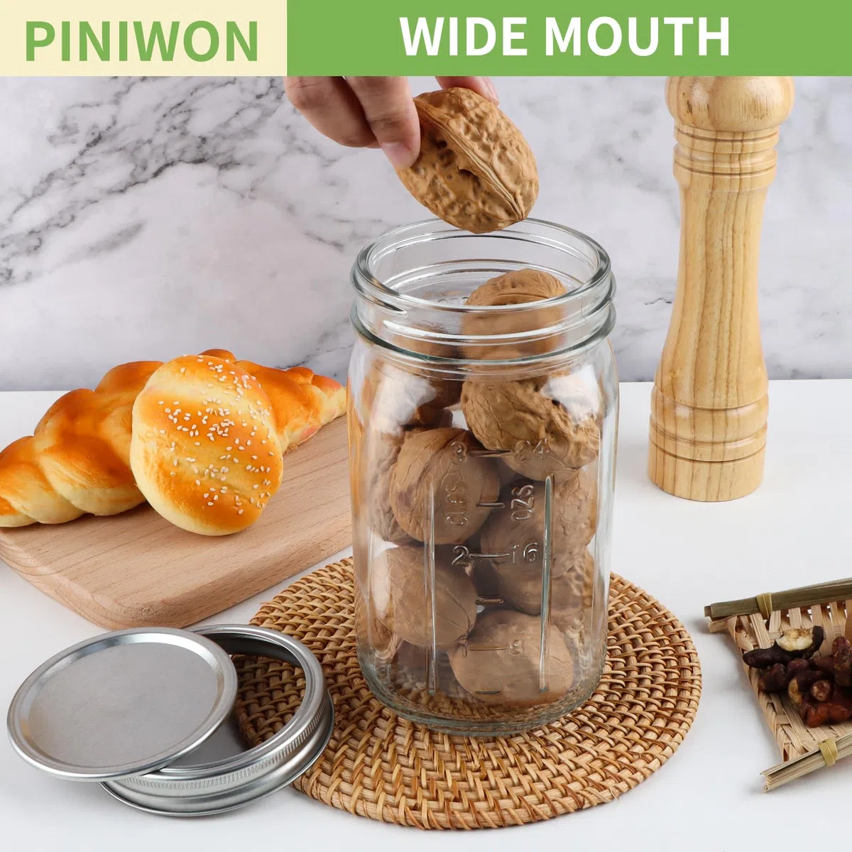 PINIWON Tarros Mason de boca ancha de 32 onzas, Frascos de Vidrio con Tapa y Bandas Herméticas, Paquete de 12 Tarros de Conservas de Cuarto de Galón para Enlatar, Encurtir, Conservar