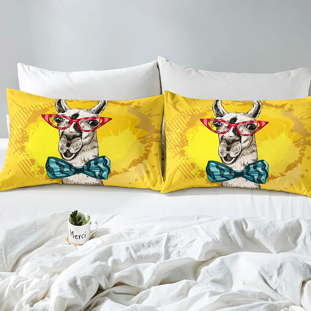 Loussiesd Lindo juego de ropa de cama Llama divertida Alpaca funda de edredón para niños niños adolescentes animales ropa de cama y ropa de cama cama amarilla y lino 3 piezas Super King