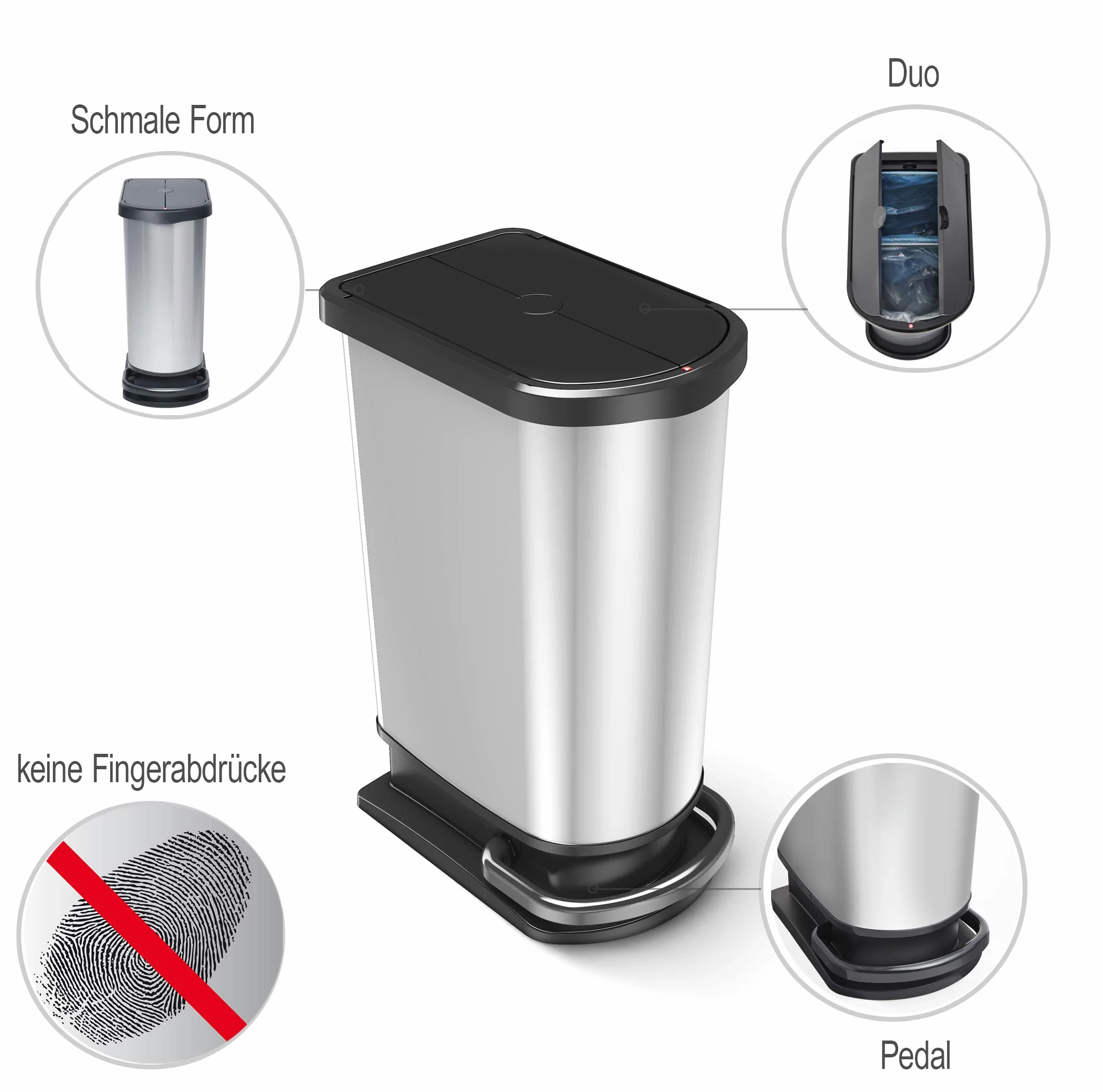 Rotho Cubo de basura Paso de 50 litros para separación de residuos con tapa y pedal, plástico (PP) sin BPA, plateado metálico, 50 l (44,0 x 29,0 x 67,0 cm)