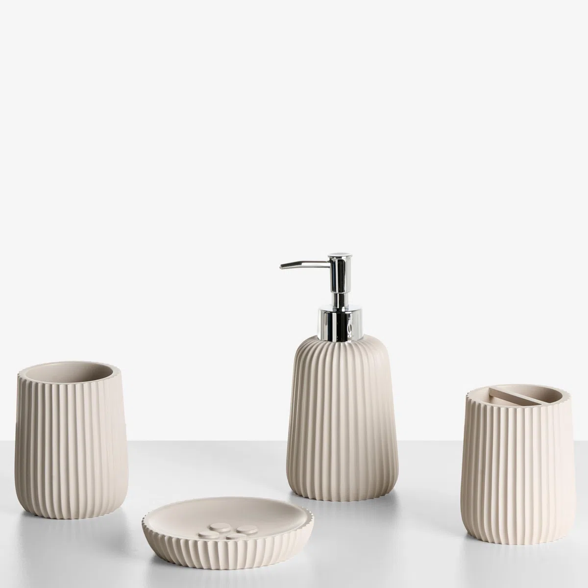Conjunto de 5 Accesorios de baño jabonera dispensador de jabón escobilla de Inodoro Vaso Soporte para cepillos de Dientes Beige Pozuzo