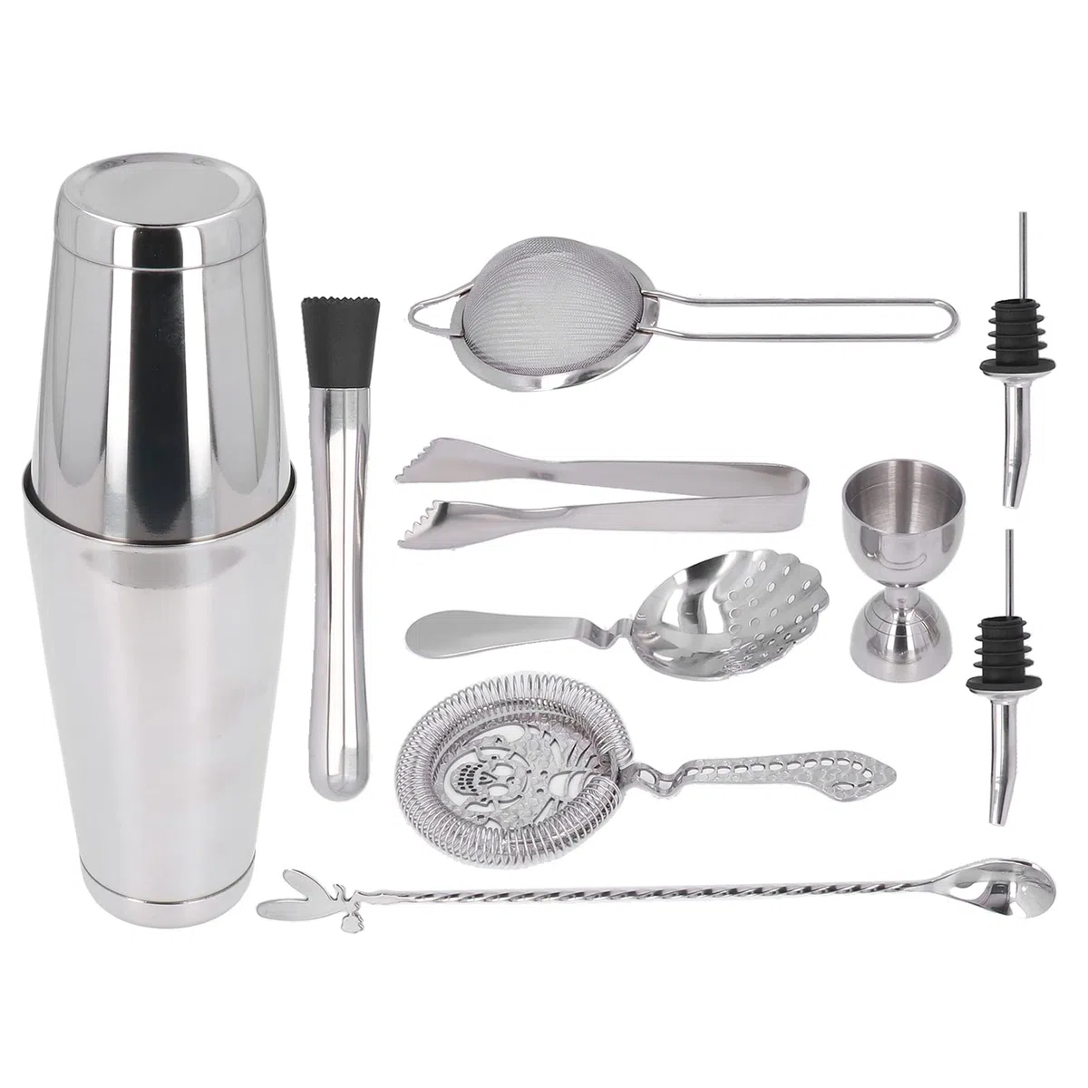 Juego de Coctelera de 11 Piezas, Kit Barra Acero Inoxidable con Herramientas Mezcladoras, Coctelera, Martillo Hielo, Colador, Cuchara para Fiesta Coctelería en Casa (Plata)