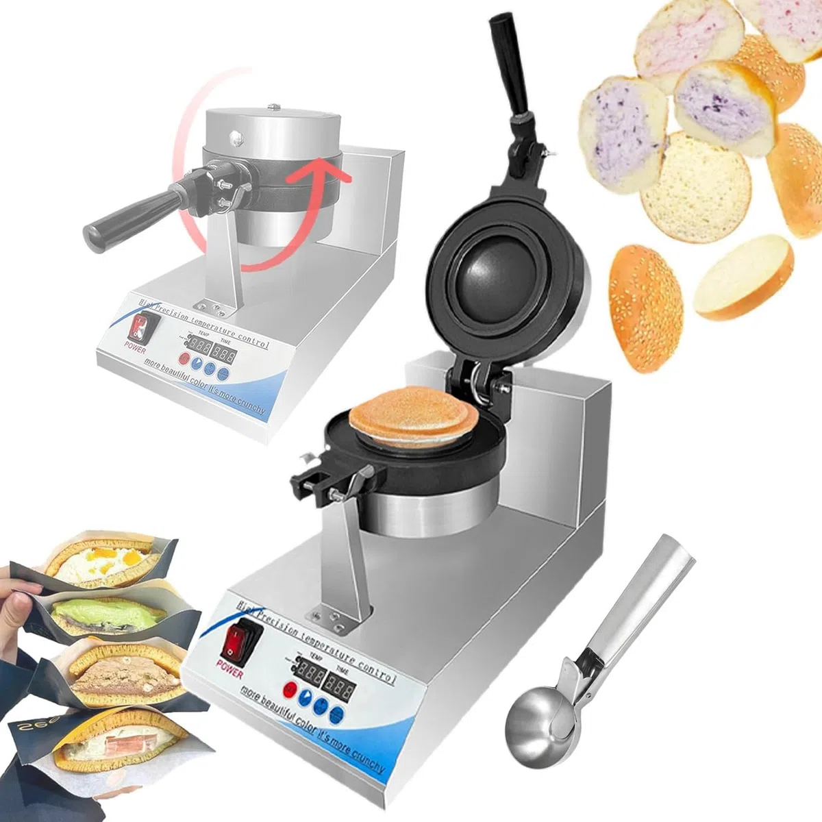 Máquina para Hacer Hamburguesas Y Gofres - Prensa Eléctrica para Sándwiches con Relleno De Helado, Control Digital De Temperatura LED Y Temporizador, Calentamiento por Ambos Lados