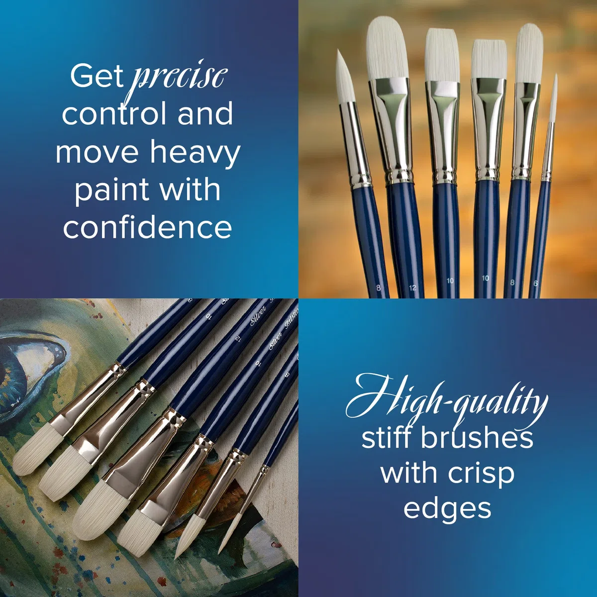 Silver Brush Limited Bristlon - Juego de 4 Pinceles para Pintura acrílica y óleo - Mango Largo