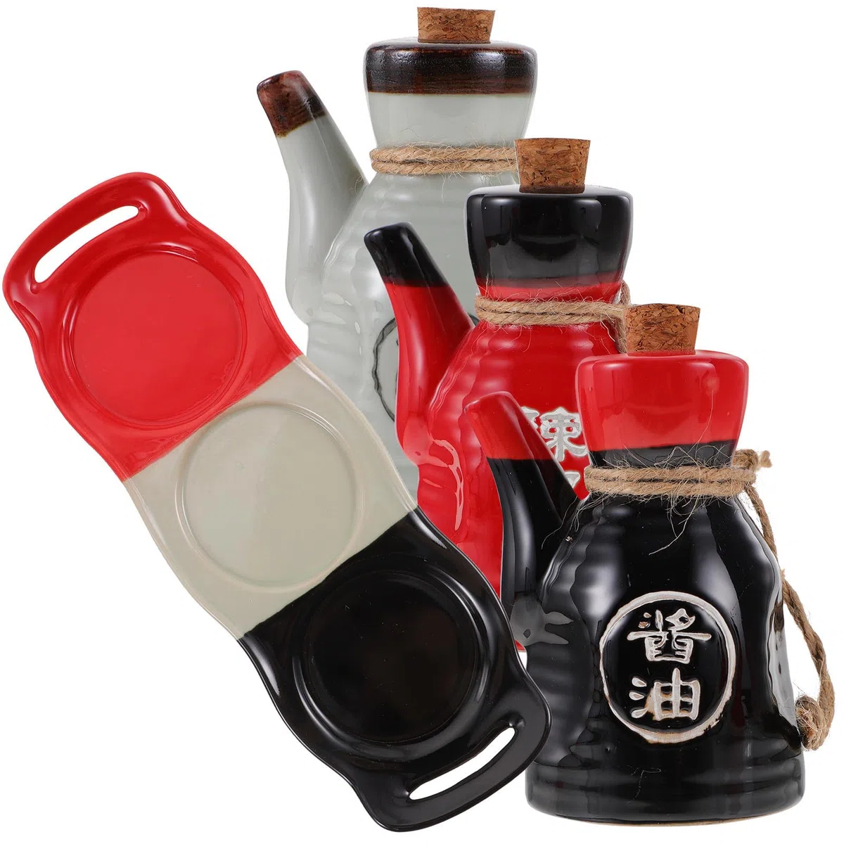 Juego de Dispensador de Salsa de Soya y Vinagre de Cerámica con Tapa de Corcho y Bandeja, Estilo Japonés Delicado para Uso Diario en Cocina, Capacidad 200ml