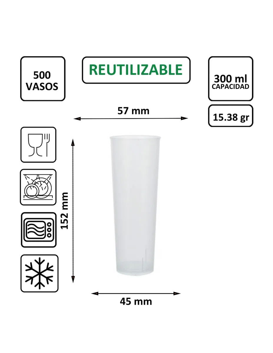 500 unidades - Vaso Tubo 300 ml Reutilizable Ligero - Polipropileno (PP) - Color traslúcido - Vaso ecológico Libre de BPA, Ideal para cerveza, cubatas, agua