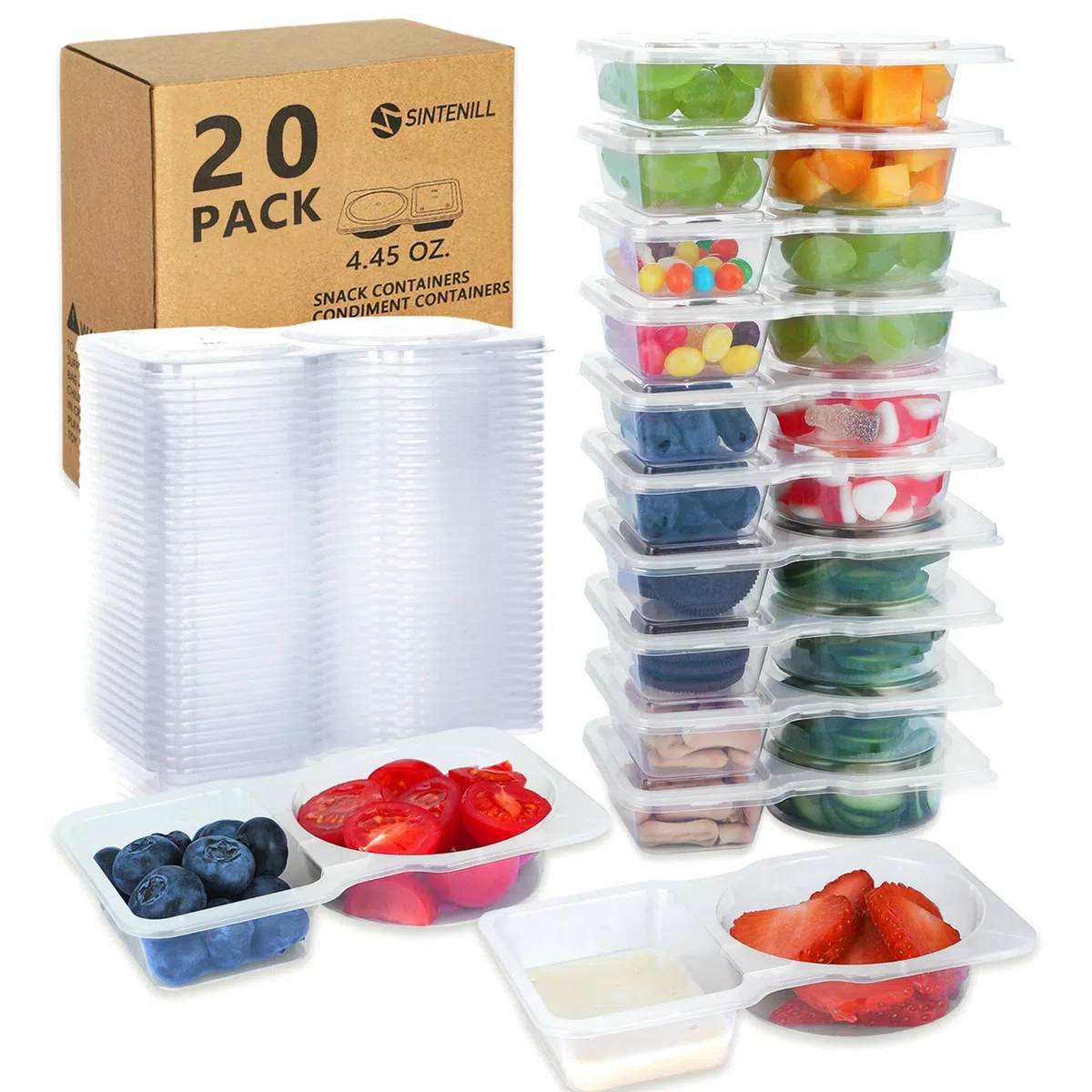 Paquete de 20 recipientes de condimentos con tapas, recipientes de aperitivos de doble compartimento a prueba de fugas, recipientes de plástico portátiles para preparación de comidas, salsas