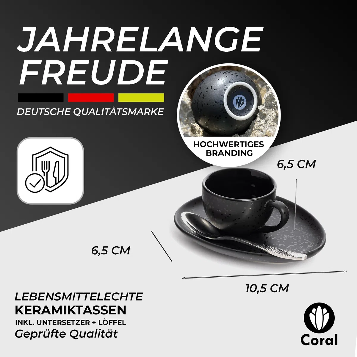 Coral - 4 tazas de espresso de 90 ml con asa, platillos y cucharas (juego) de cerámica negra - 4 tazas de café con platillo de pared gruesa - tazas de café (90 ml)