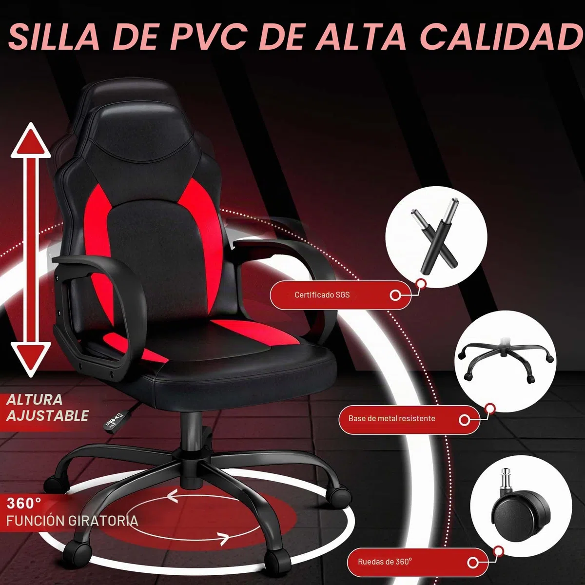 AnyGod Silla Gaming, Silla De Computadora Ergonómica con Soporte Lumbar, Altura Ajustable, Ruedas Giratorias, Adecuada para Hogar, Oficina, Adultos, Adolescentes, Niños Y Jugadores, Roja