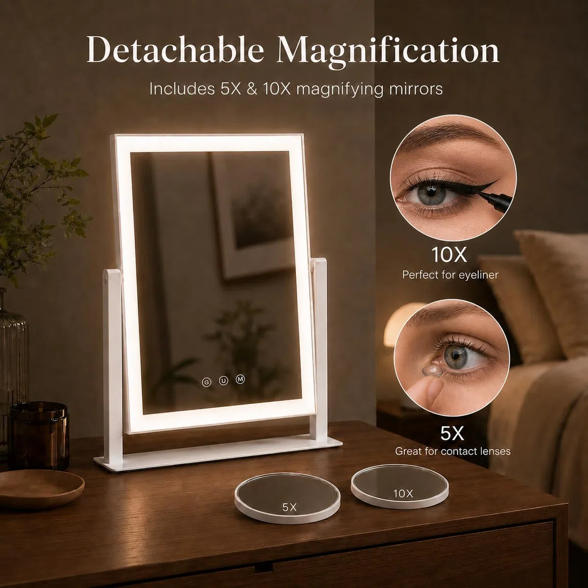 Decadence Espejo de maquillaje LED de 17.3 pulgadas con luces para mujeres y mamá, lupas desmontables 10X/5X, 3 modos de color, control táctil regulable, rotación de 360 grados, espejo cosmético de