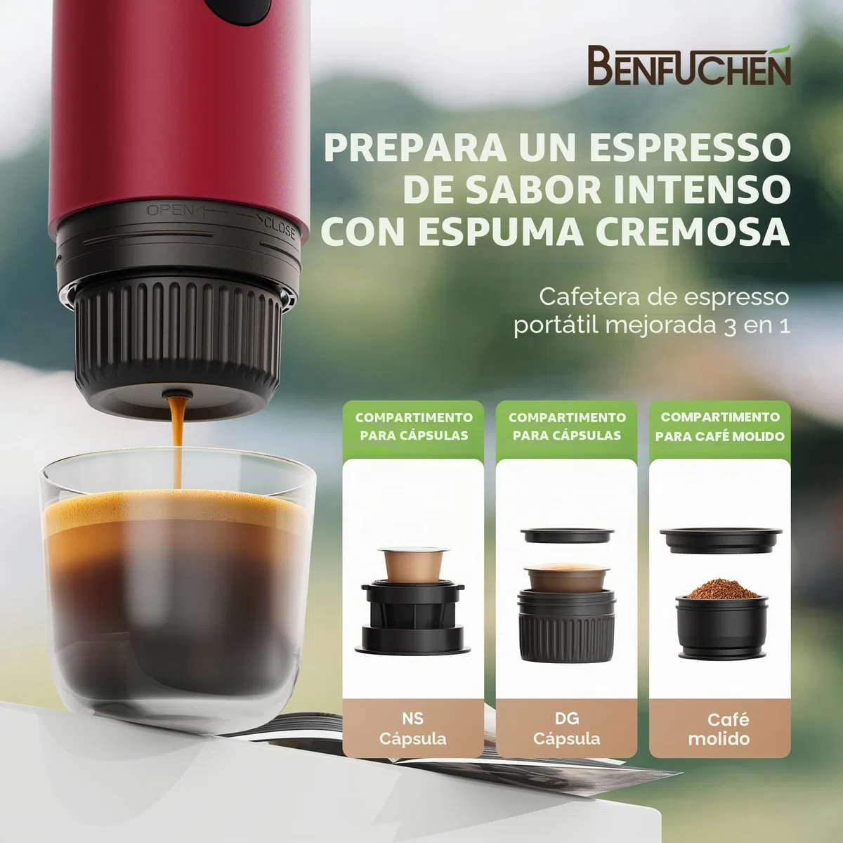 Cafetera portátil 3 en 1, máquina de espresso de 19 bares con calentamiento automático, compatible con cápsulas NS y DG, así como café molido para camping, senderismo, viajes y hogar (Rojo)