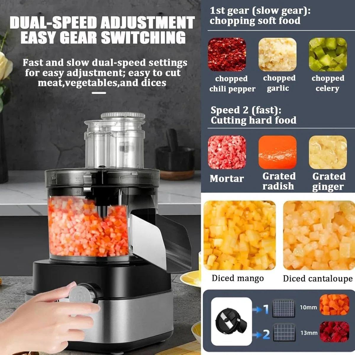 Cortador eléctrico de verduras, procesador de alimentos comercial, molinillo de carne multifuncional con 5 moldes y 2 ajustes de velocidad para cebollas, papas, zanahorias