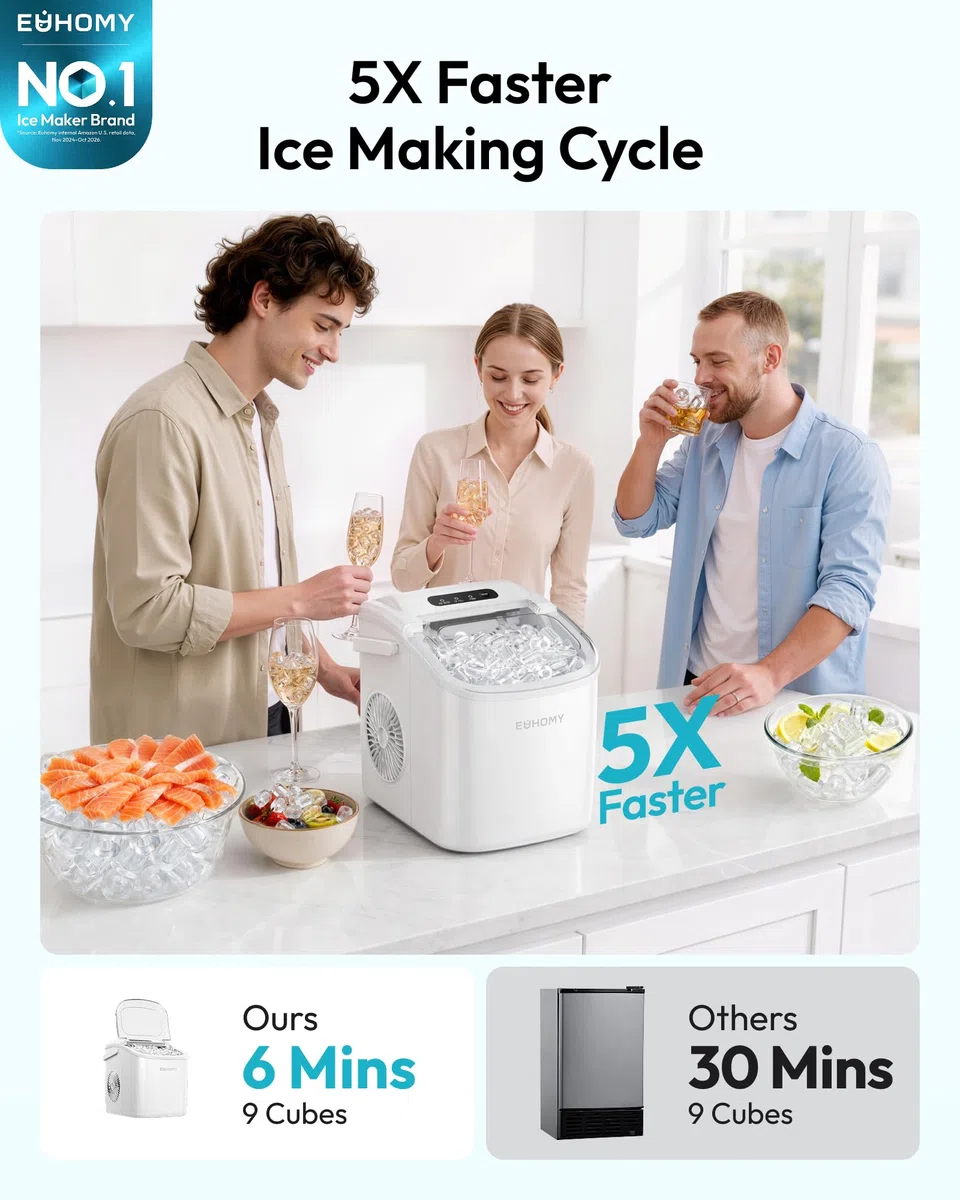 EUHOMY Máquina de cubitos de hielo de acero inoxidable, 24 cubitos de hielo en 13 minutos, 24 kg/24 h, máquina de hielo autolimpiable de 3,2 L con pala de hielo y cesta Blanca
