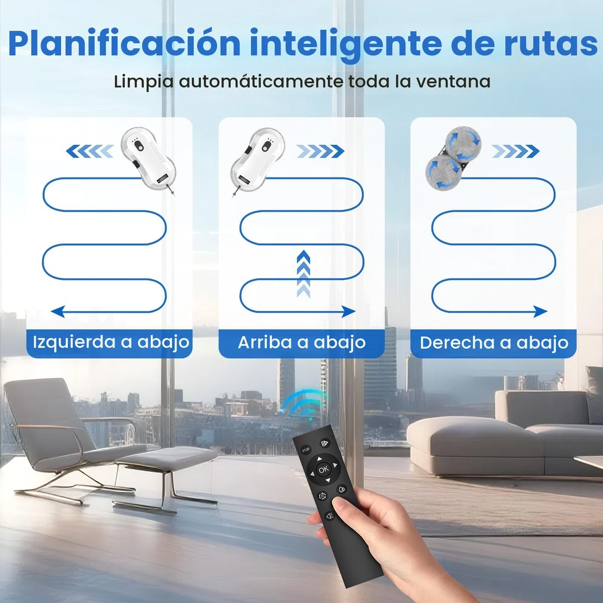 Robot Limpiacristales, Limpia Cristales Eléctrico Ventanas con Spray de Agua, Mando a Distancia, Robot Limpia Cristales, Sistema UPS Anticaída, Navegación Inteligente, Detección de Bordes, 10 Paños