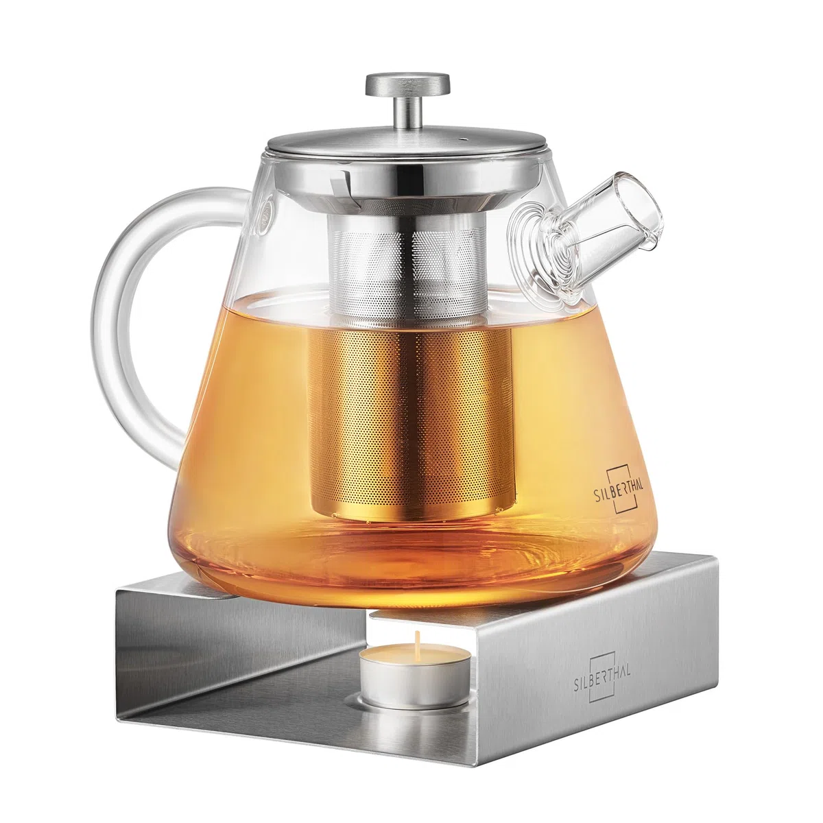 SILBERTHAL Tetera de cristal con infusor - Calentador de vela de acero inoxidable – 1,5 litros – Mantén caliente el té con la vela