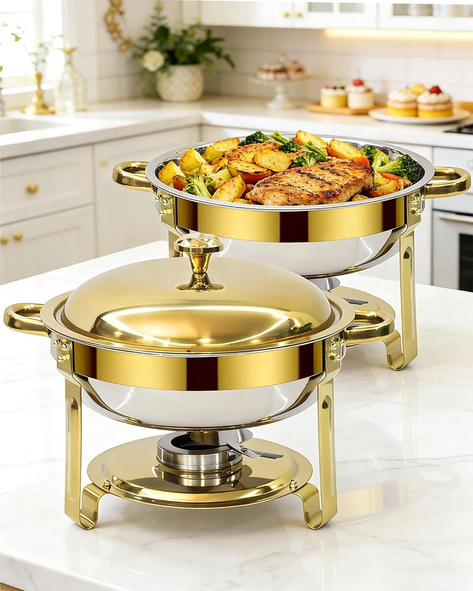 Calentador de Comida para Buffet, Chafing Dish 6L Acero Inoxidable | Juego de 2 Unidades, Calentador de Alimentos Buffet para Fiestas, Bodas, Banquetes y Eventos de Catering, Dorado y Plateado