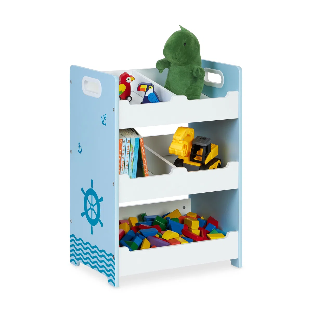 Relaxdays Estantería Infantil Marinero, 5 Estantes, MDF, Organizador Juguetes Niños, Asas, 60x42,5x30 cm, Blanco y Azul, Tablero de Fibras