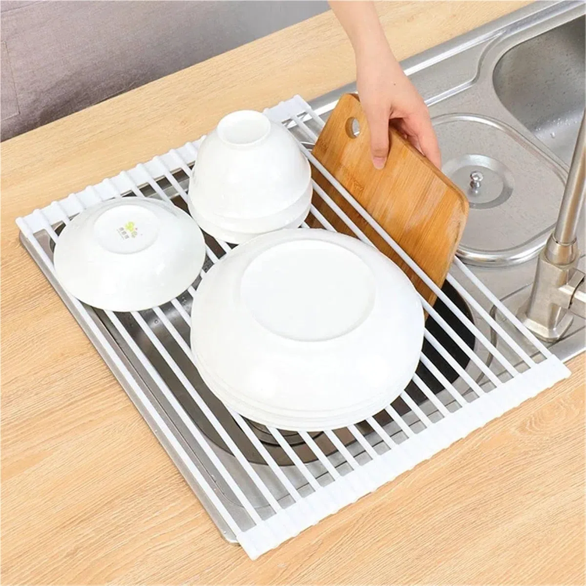 Escurridor de Platos Rejilla de Almacenamiento for Cocina, Rejilla for Filtro Silicona, Drenaje Plegable, Fregadero con persiana Enrollable Acero Inoxidable, for Cuencos y Palillos(B1)