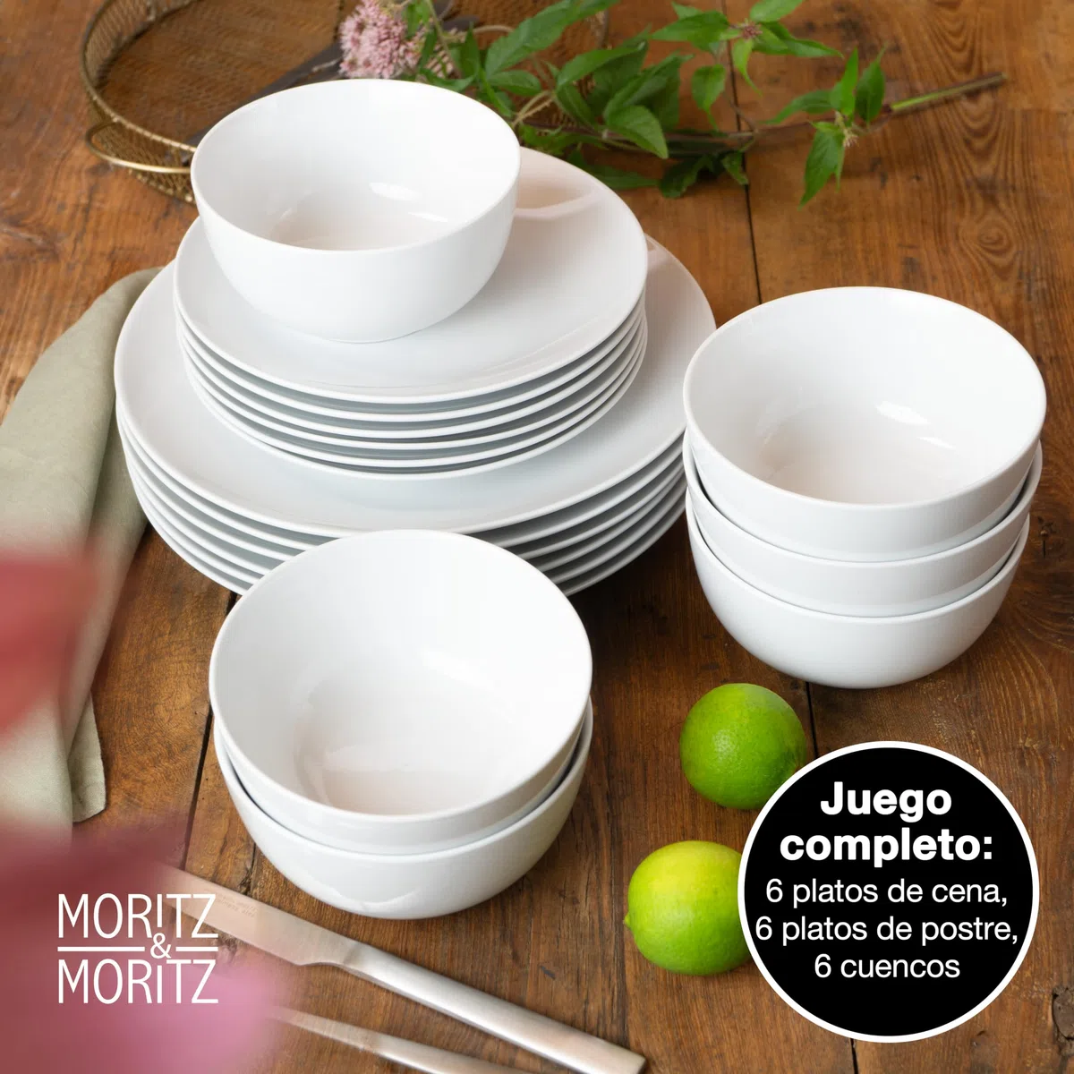 Moritz & Moritz BASIC Set da 18 pezzi - de Porcelana en Blanco Clásico - Compuesta por 6 Platos Llanos, 6 Platos de Postre y 6 Cuencos