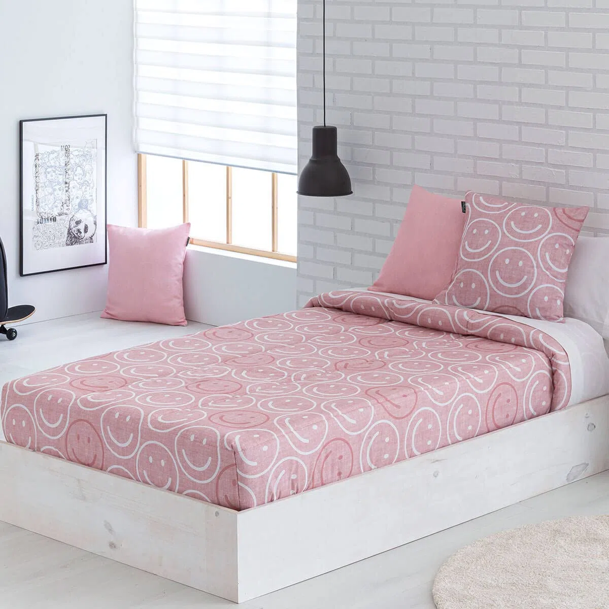 Edredón Ajustable para dormitorios Juveniles e Infantiles, Camas Nido y literas, Muy cómodo y fácil de Utilizar. Medida para Cama de 90 Modelo Estampado Emoji Rosa