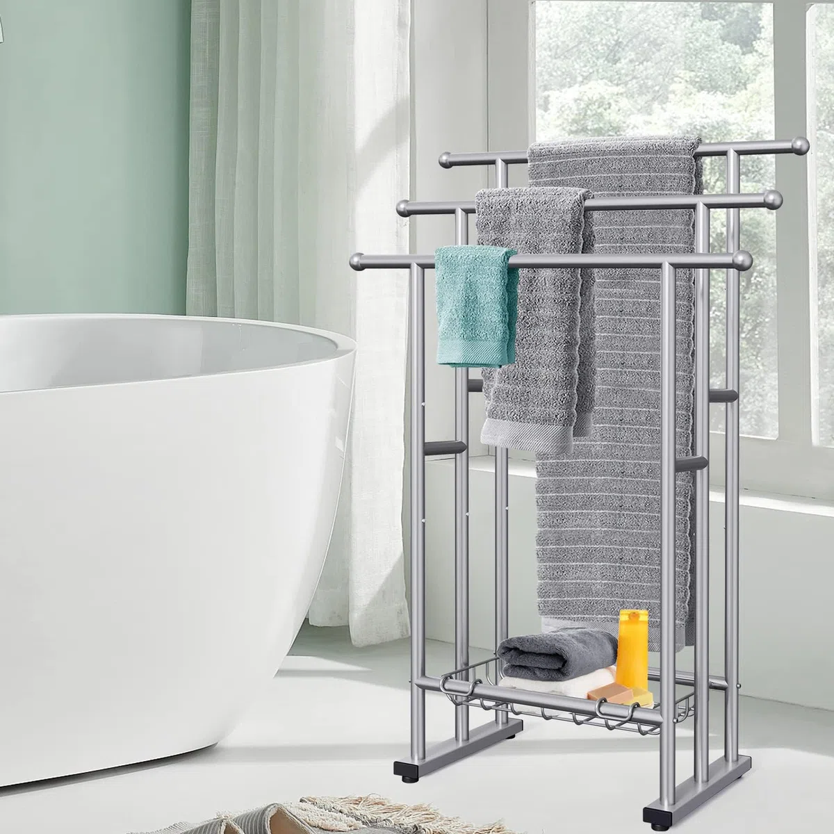 Toallero Independiente de 40 Pulgadas de Alto para baño, toallero de Piso de 3 Niveles con Cesta de Almacenamiento, Escalera de Manta y Estante de exhibición para Toallas de baño Grandes y Toallas de