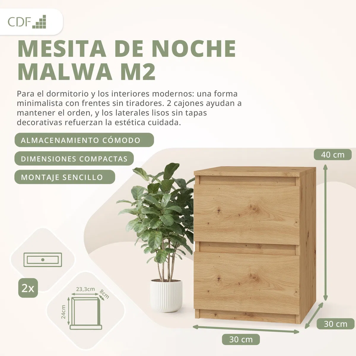 CDF Mesita Mesa Mesilla de Noche con 2 cajones Auxiliar Junto Cama Mueble de Dormitorio Salón Oficina Estilo Moderno Gabinete Organización Espacio Tamaño Compacto - M2 30cm Roble Artisan