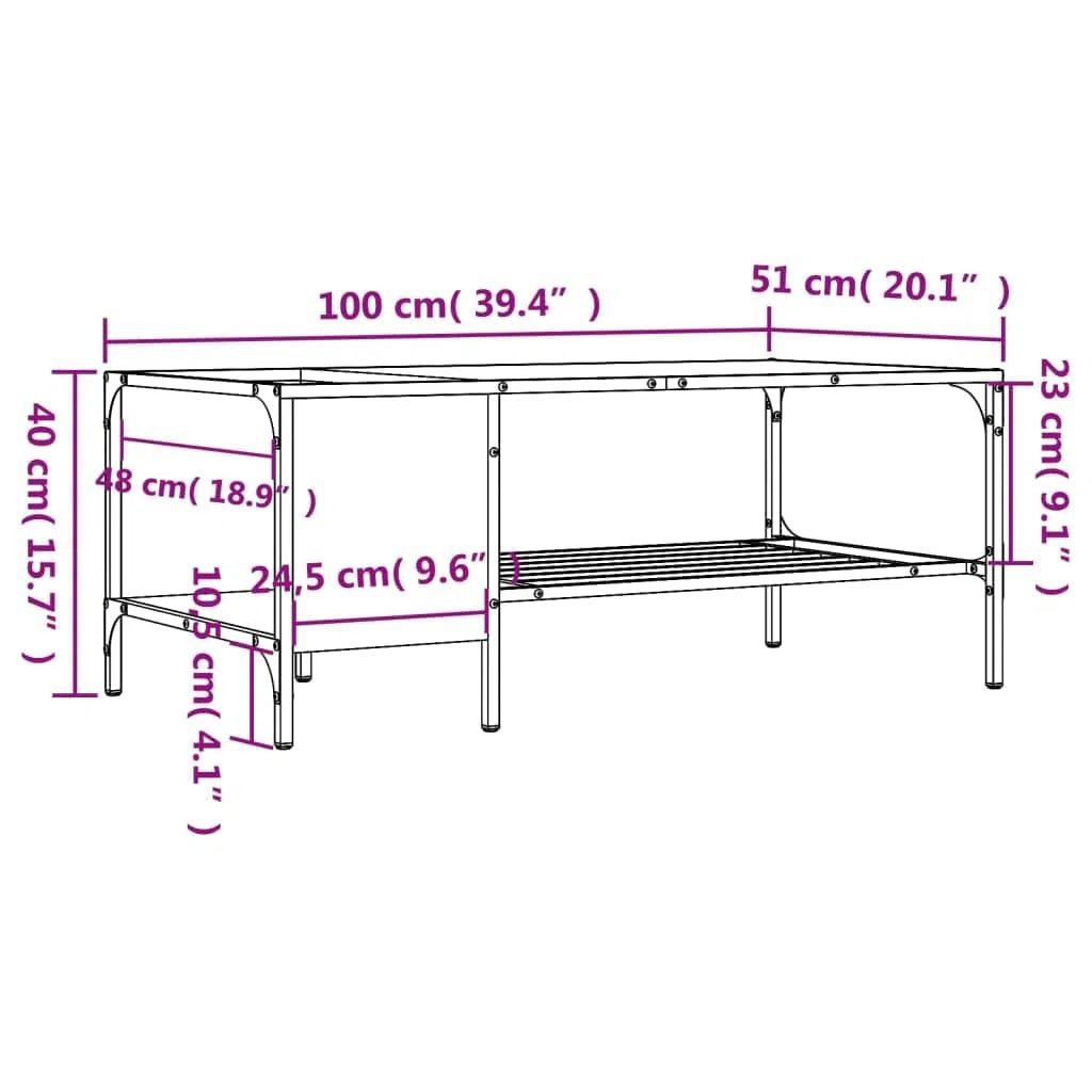 Mesa de centro de roble ahumado, 100 x 51 x 40 cm, material de madera con marco de metal, mesa auxiliar moderna para salón, oficina o pasillo