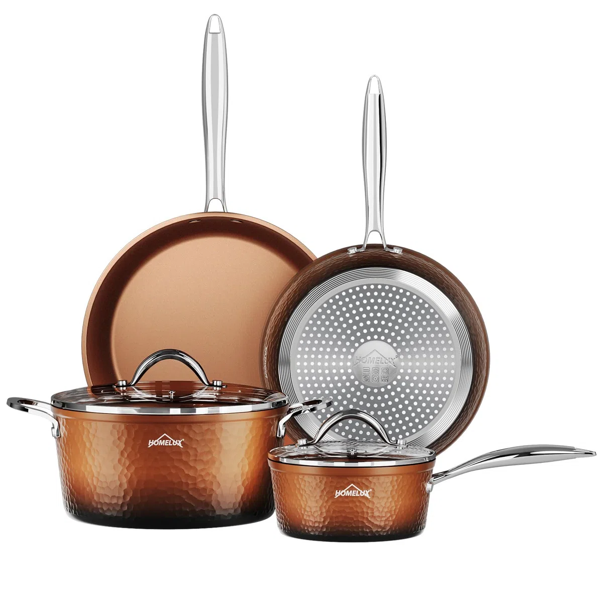 HOMELUX Batería de Cocina Antiadherente, Cobre, Induccion, Juego de Ollas y Sartenes 6 Piezas, con Tapa, Tecnología de Forja, para Todas las Cocinas, Sin PFOA/PFOS/BPA | Utensilios de cocina forjados, para todo tipo de cocinas, degradado en tonos marrones