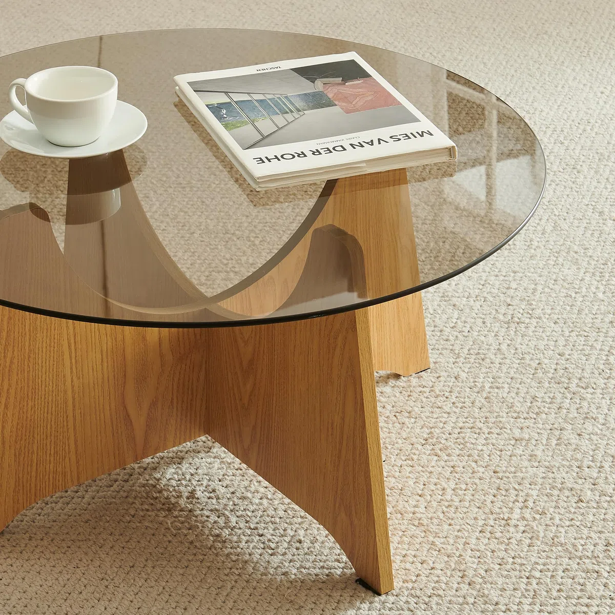 [en.casa] Mesa de Centro Omlar Redondo Vidrio Ahumado Ø70x35cm Roble y Gris