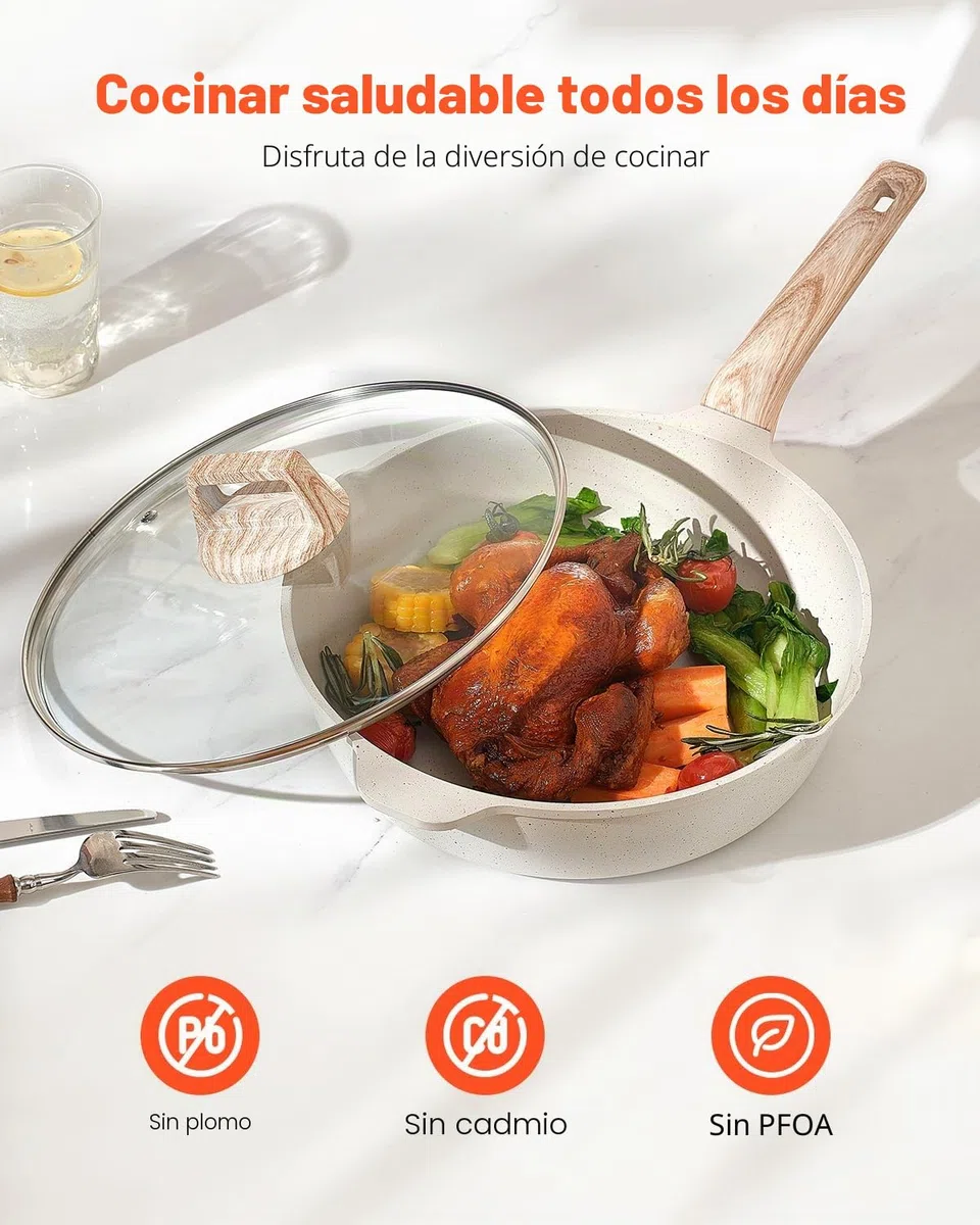 VEVOR Juego de Ollas y Sartenes de 17 Piezas, Antiadherentes de Granito, para Inducción, Apto para Cocina de Autocaravanas, con Tapas de Vidrio Templado y Protectores, Blanco