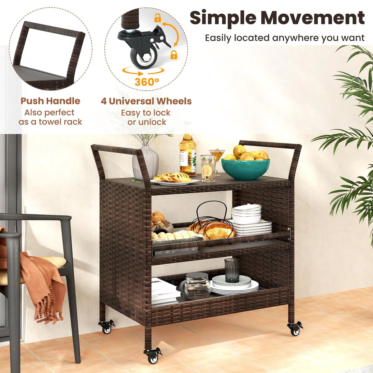 KOMFOTTEU Carro de Cocina con Ruedas, Carrito de Servicio de Ratán de 3 Niveles con Asas, Carro de Barbacoa para Comedor, Jardín, Picnic, 86 x 50 x 89 cm