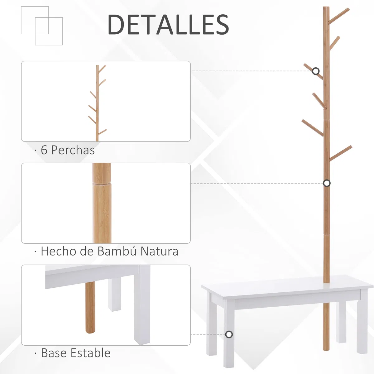 HOMCOM Perchero de Pie con Banco Colgador Tipo Árbol Moderno 6 Ganchos para Colgar Ropa Bolsa Pasillo Entrada Bambú y MDF 80x30x180cm
