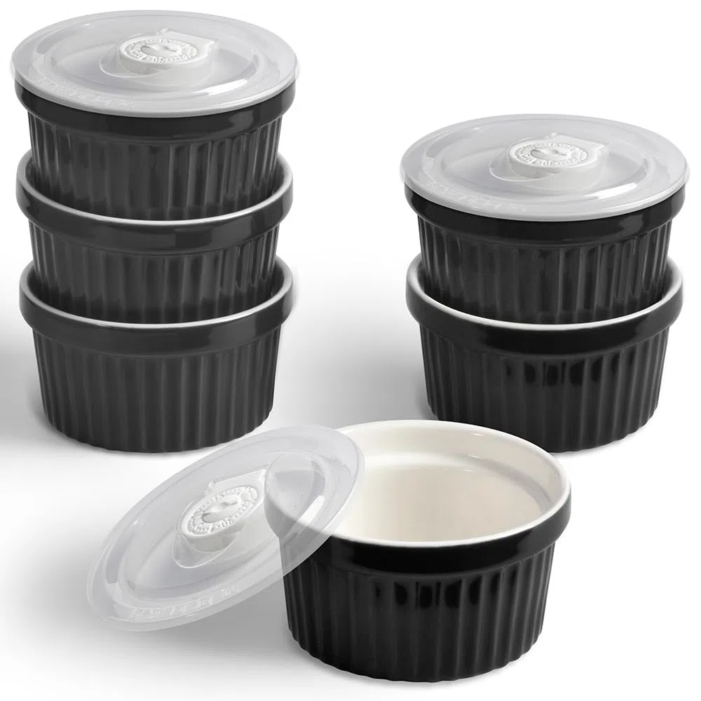 homEdge Juego de 6 moldes de porcelana con tapa, 240 ml, cuenco para helado, crema brûlée ramekins para hornear, color negro