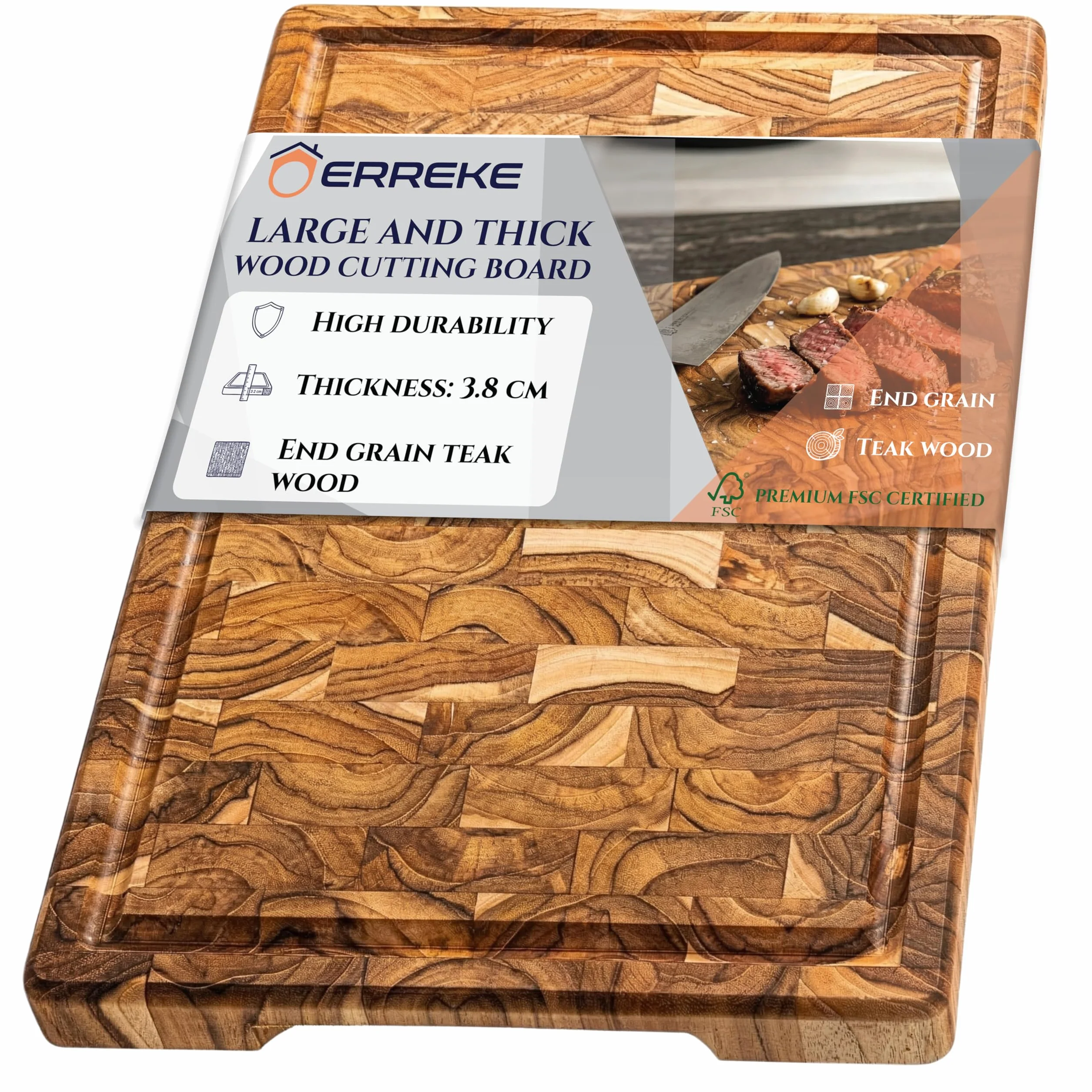 Erreke Tabla de Madera de Teca Natural End Grain, 44x30x3.8 cm, Grande | XL con Ranura para Jugos. Reversible y con Asas. Tabla Madera Cocina. Para Quesos Embutidos Carne Pan. Para Cocina y Mesa
