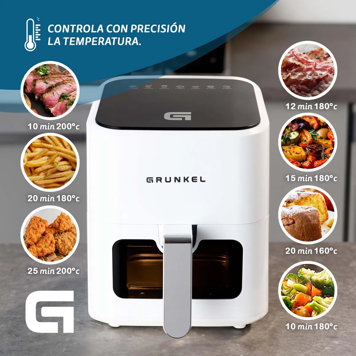 Grunkel - Freidora aire - Air Fryer - 4 Litros y 7 programas. WEF. Panel de control digital Multifunción y ventanal visualización retroiluminada. Temporizador 60 minutos - Freidora sin aceite (Blanco)