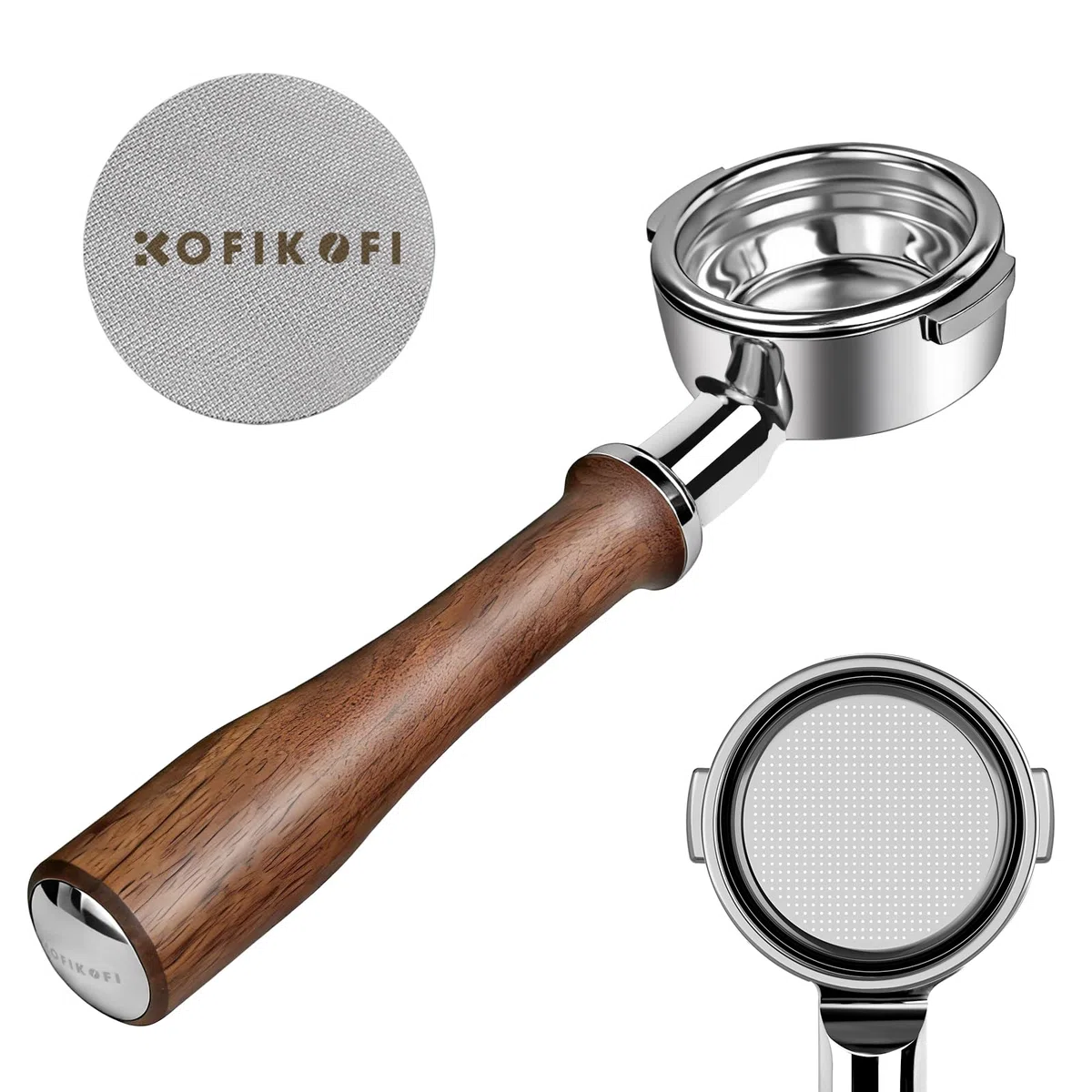 KOFIKOFI Portafiltro sin fondo de 58 mm, 2 orejas, filtro portafiltro sin fondo para cabezal de infusión E61, Flair 58, ECM, Rocket, Sanremo, Synesso, Slayer, VBM Cafetera con cesta de filtro de acero