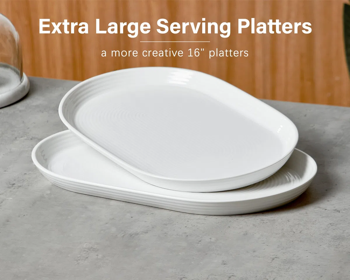 ONEMORE Platos ovalados de cerámica de 16 pulgadas para entretenimiento, juego de 2 – Bandeja grande apta para lavavajillas y horno, para alimentos, aperitivos, fiestas, platos ovalados de porcelana