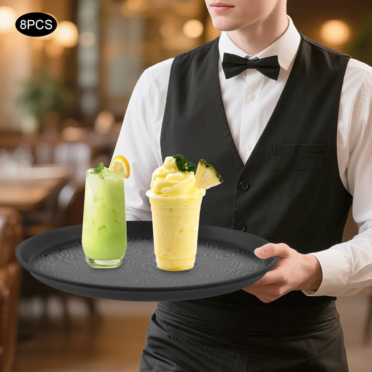 Juego de 8 bandejas redondas de 35 cm de diámetro, bandeja decorativa antideslizante para restaurante, bar, catering.