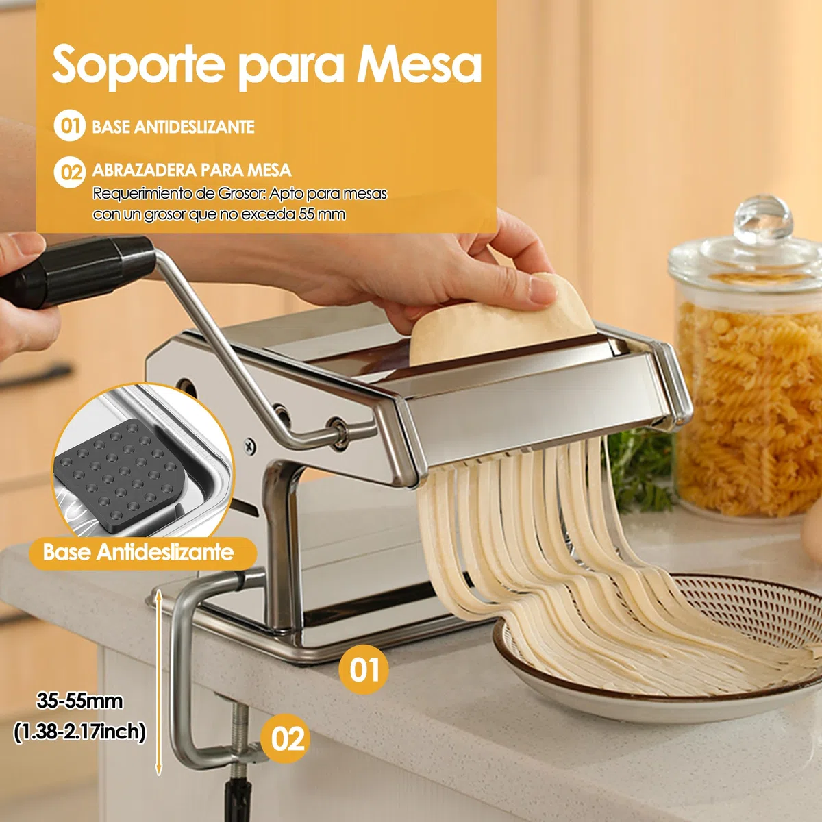 Máquina para Hacer Pasta Manual, Máquina para Hacer Pasta Profesional de Acero Inoxidable con 9 Ajustes de Espesor Ajustables y 2 Cortadores, para Espaguetis, Fettuccini, Lasaña