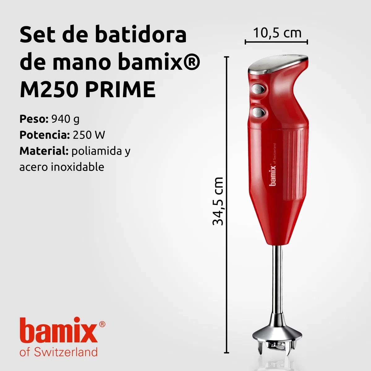 bamix Set de batidora de mano M250 PRIME con multicuchilla, Mezclador, Disco giratorio de acero inoxidable, 250 vatios, 2 velocidades, Made in Switzerland, Rojo/cromado