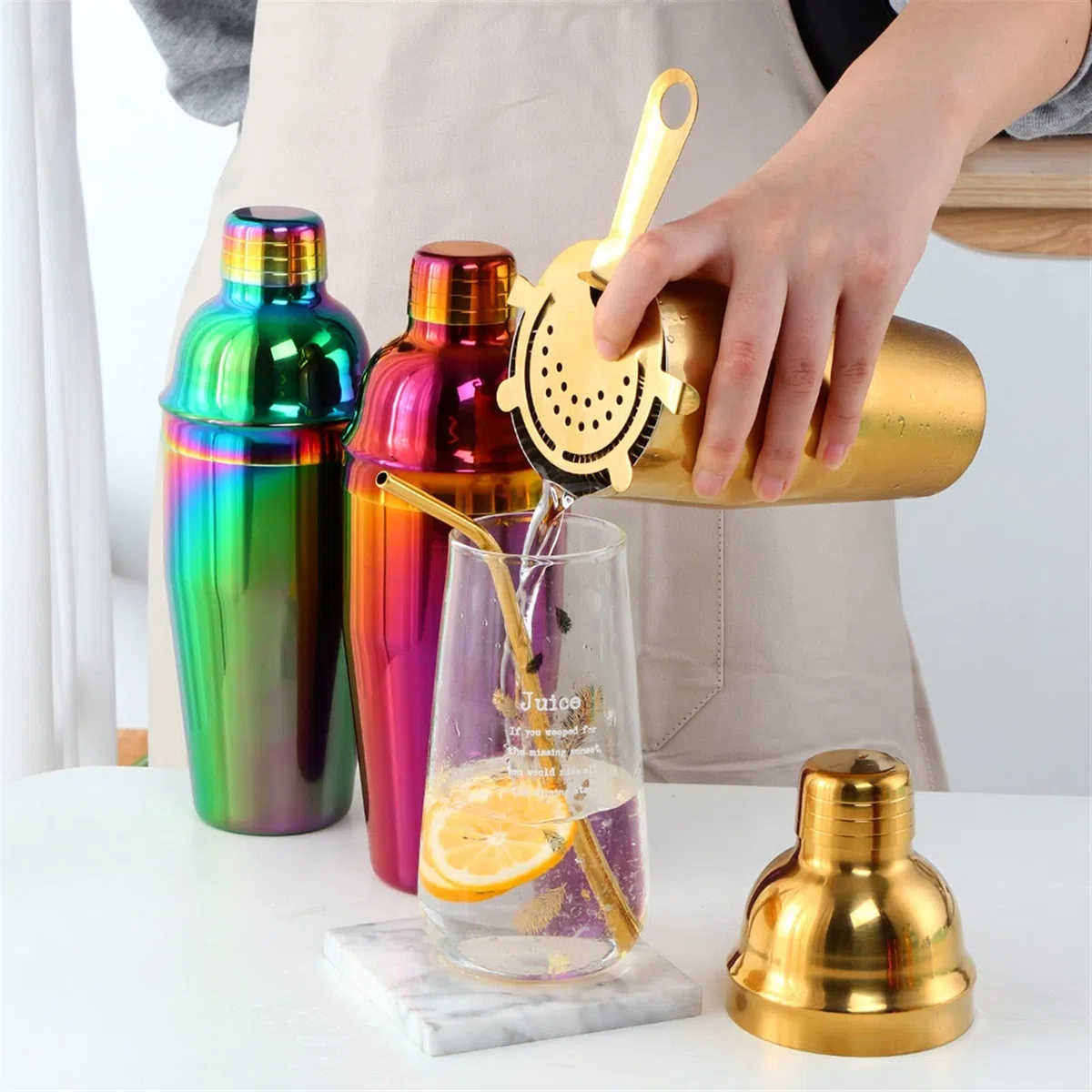 Juego de Coctelera 750 ml Cóctel Shaker Acero Inoxidable Boston Cóctel Conjunto Shaker Steer Voulters Gold Bar Herramienta Conjunto con Striador Mida Cup Bartender Agitador de Cócteles
