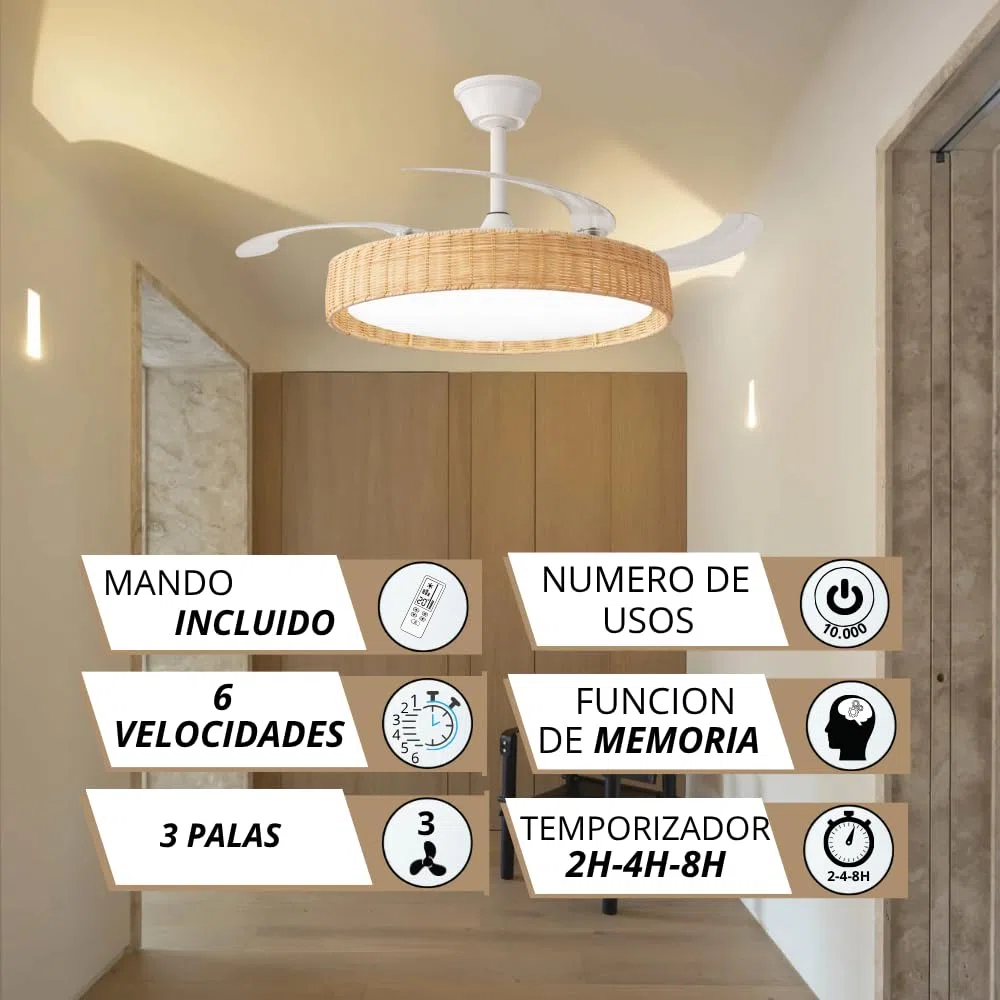 NARVI Ventilador de Techo Mimbre Haya Crema NERJA 7939 WDNL | Ø107 cm, Luz LED Regulable, Motor DC Silencioso de Bajo Consumo, Mando Incluido, 3 Aspas Retráctiles
