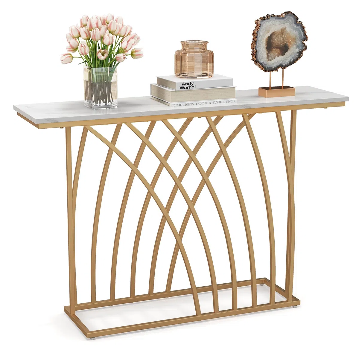 COSTWAY Mesa de Consola, Mesa de Entrada Dorada con Tapa de Mármol Blanco, Base de Diseño Geométrico, Mueble Recibidor para Sofá, Sala de Estar, Pasillo, Capacidad Máx de 20 kg, 30 x 120 x 80 cm