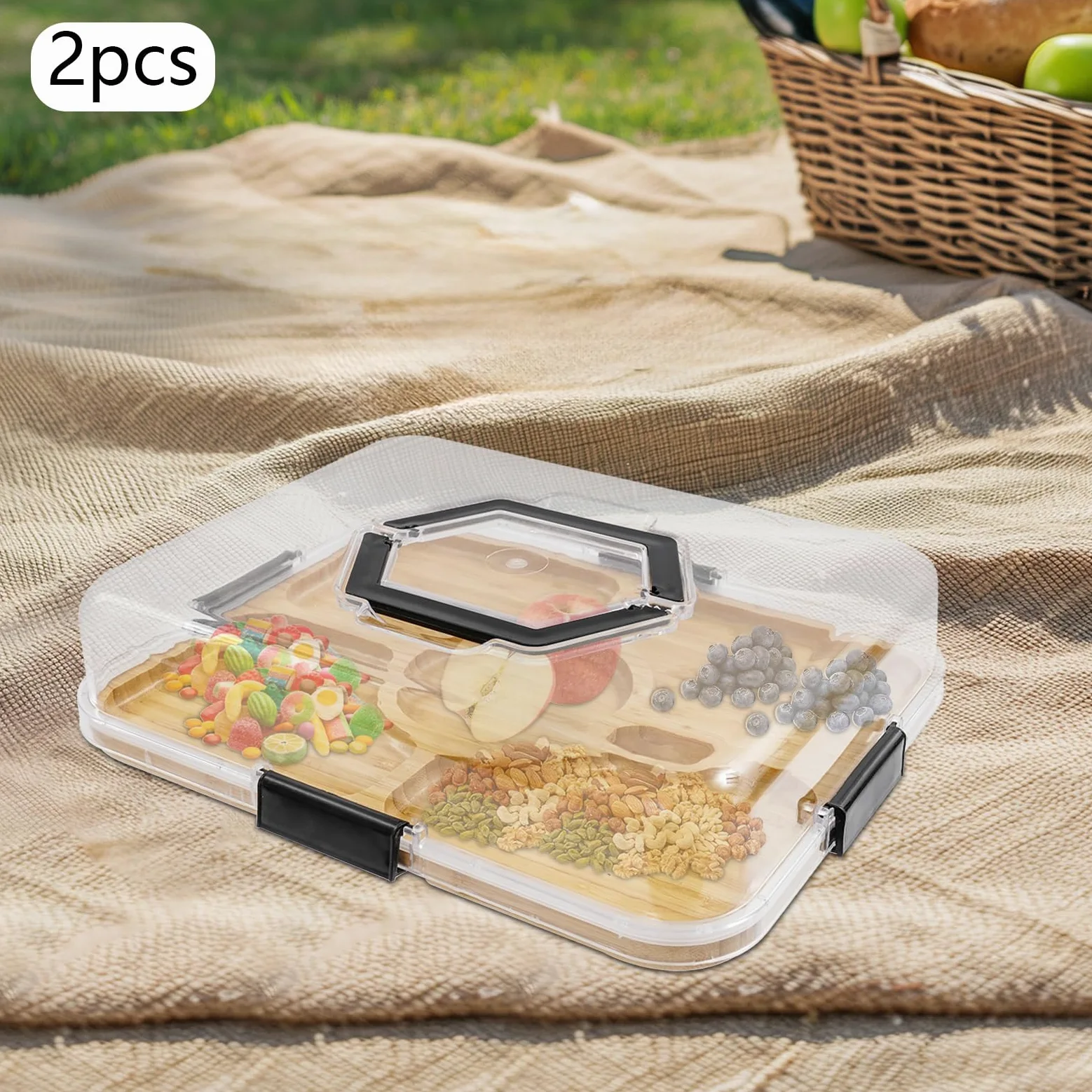 2 tablas de queso con tapa, bandeja para servir a madera de bambú, bandeja multifuncional con asa, tabla de charcutería para comida familiar, reunión, picnic, 35,3 x 28,3 cm (5 cuadrículas)